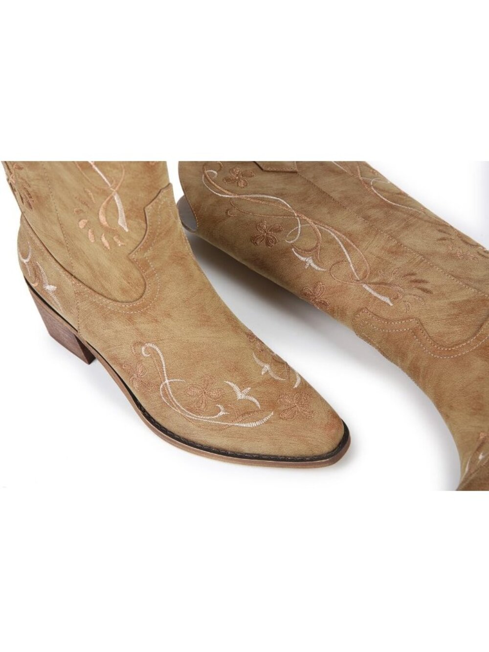 Women's Camel Faux Leather Mid Calf Cowgirl Boots Floral Chunky Heels